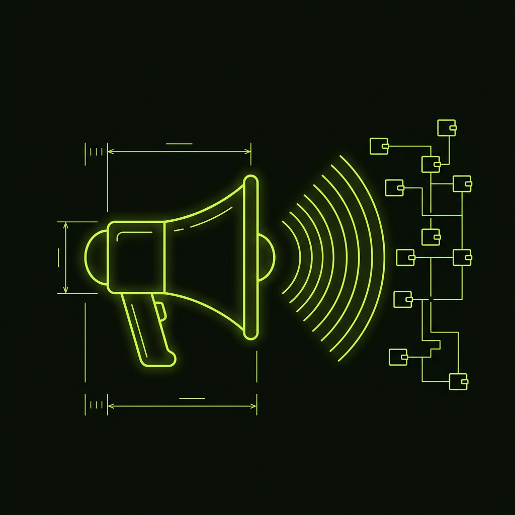 Diagram of a megaphone broadcasting signals to a network of wallets